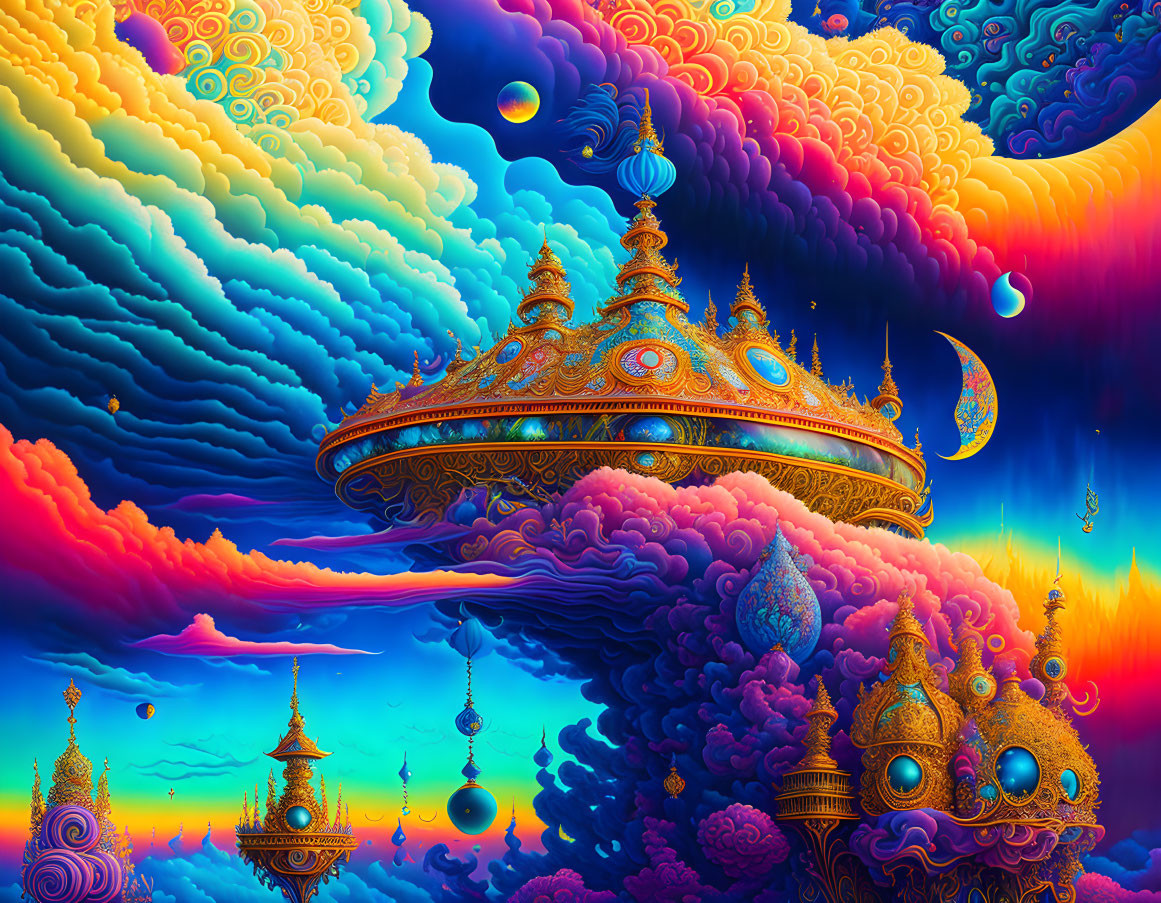 Colorful surreal landscape with floating temples, layered clouds, bubbles, and crescent moons