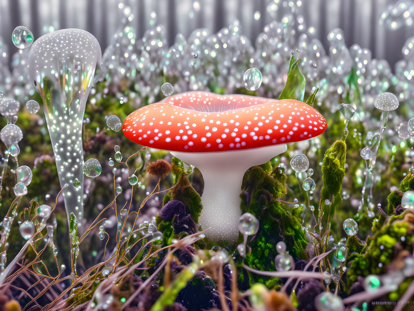 Red and White Spotted Mushroom in Dew-Covered Grass