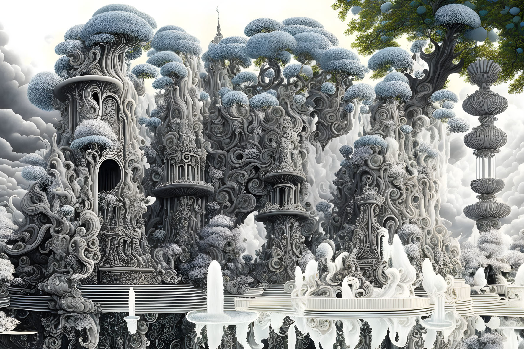 Detailed Monochromatic Fantasy Landscape with Towers, Patterns, and Tree-Like Structures