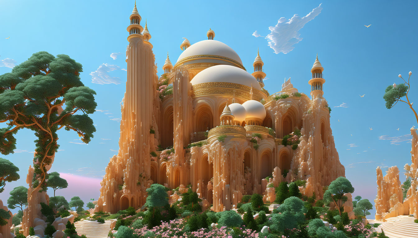 Fantastical palace with golden domes in lush forest setting