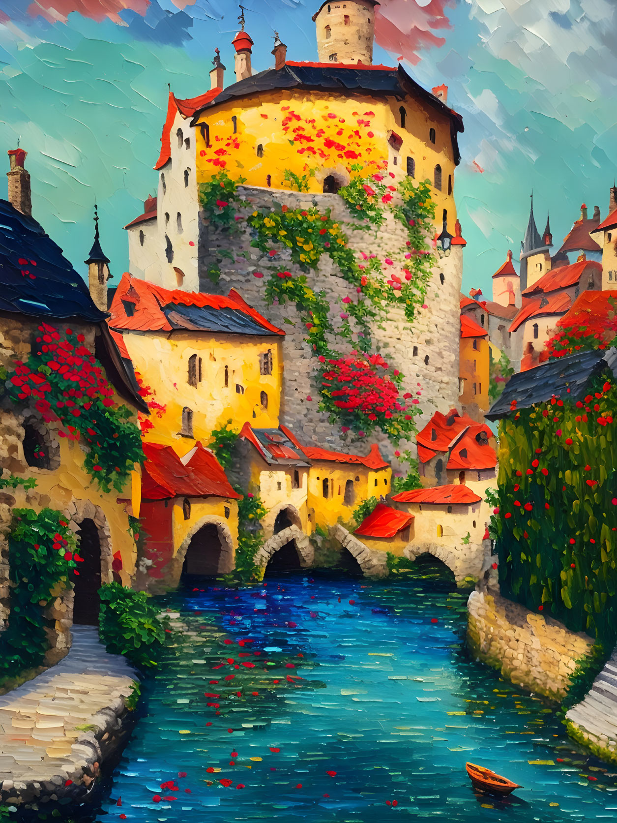 Impressionistic painting of historic stone castle by river