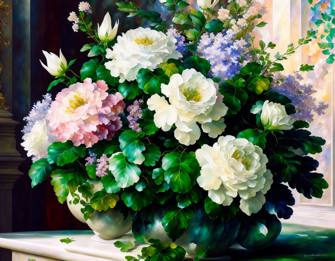 Colorful Still-Life Painting of Peonies in Vase