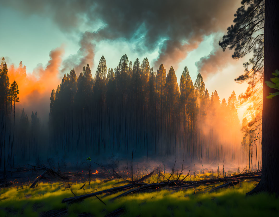 Serene forest scene at sunset with tall trees and smoke rising