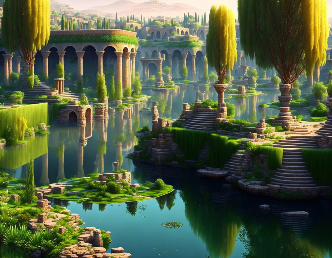 Tranquil fantasy landscape with aqueduct, willows, and reflective waters