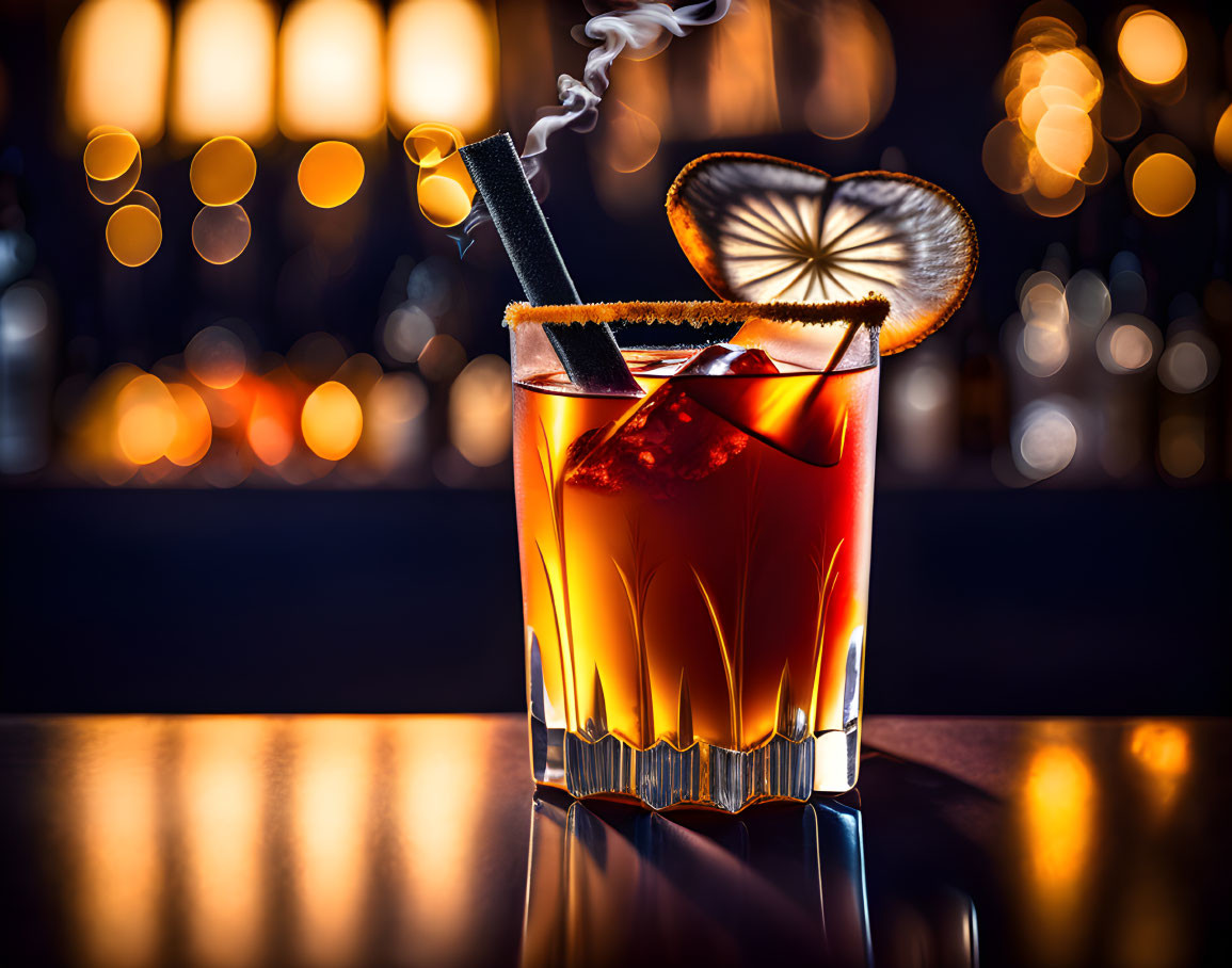 Colorful Cocktail with Sugared Rim, Lime Wheel, and Smoking Cinnamon Stick on Bar Background