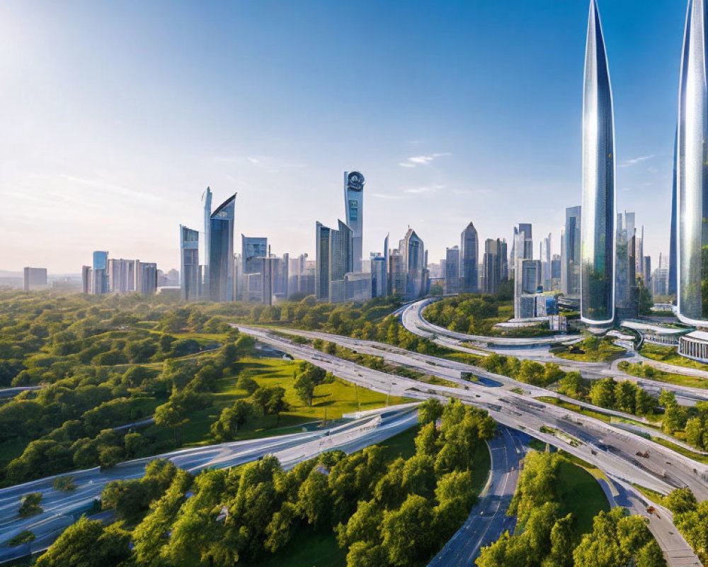 Modern cityscape with skyscrapers, parks, and roads under clear sky