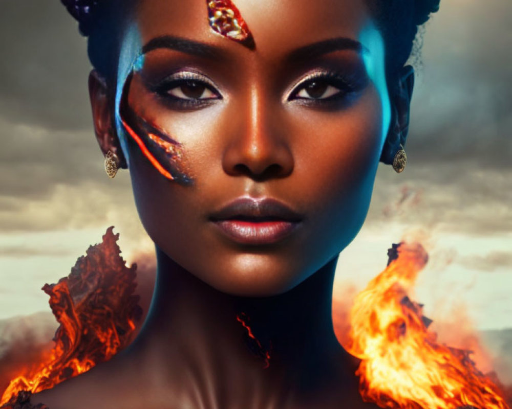 Woman with Fire and Lava Makeup: Orange Flames and Cracked Skin