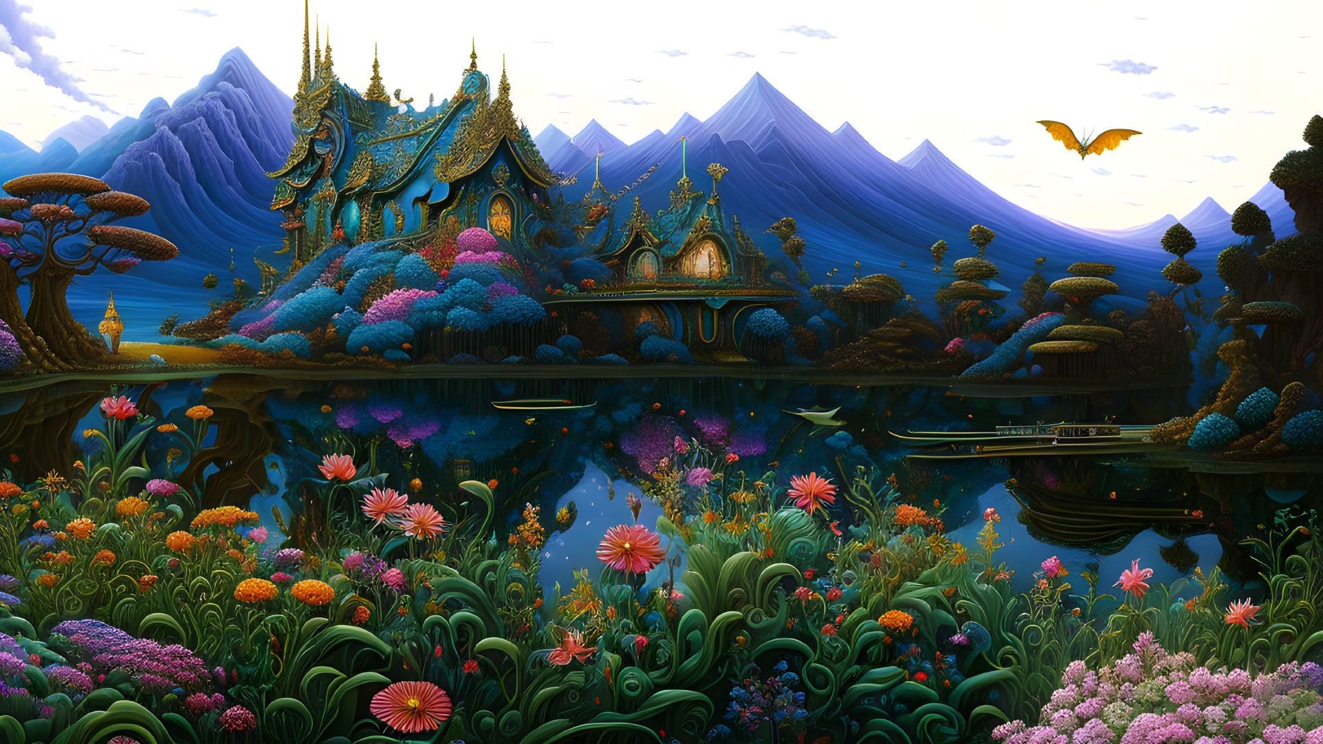 Colorful Flora and Whimsical Architecture in Fantasy Landscape