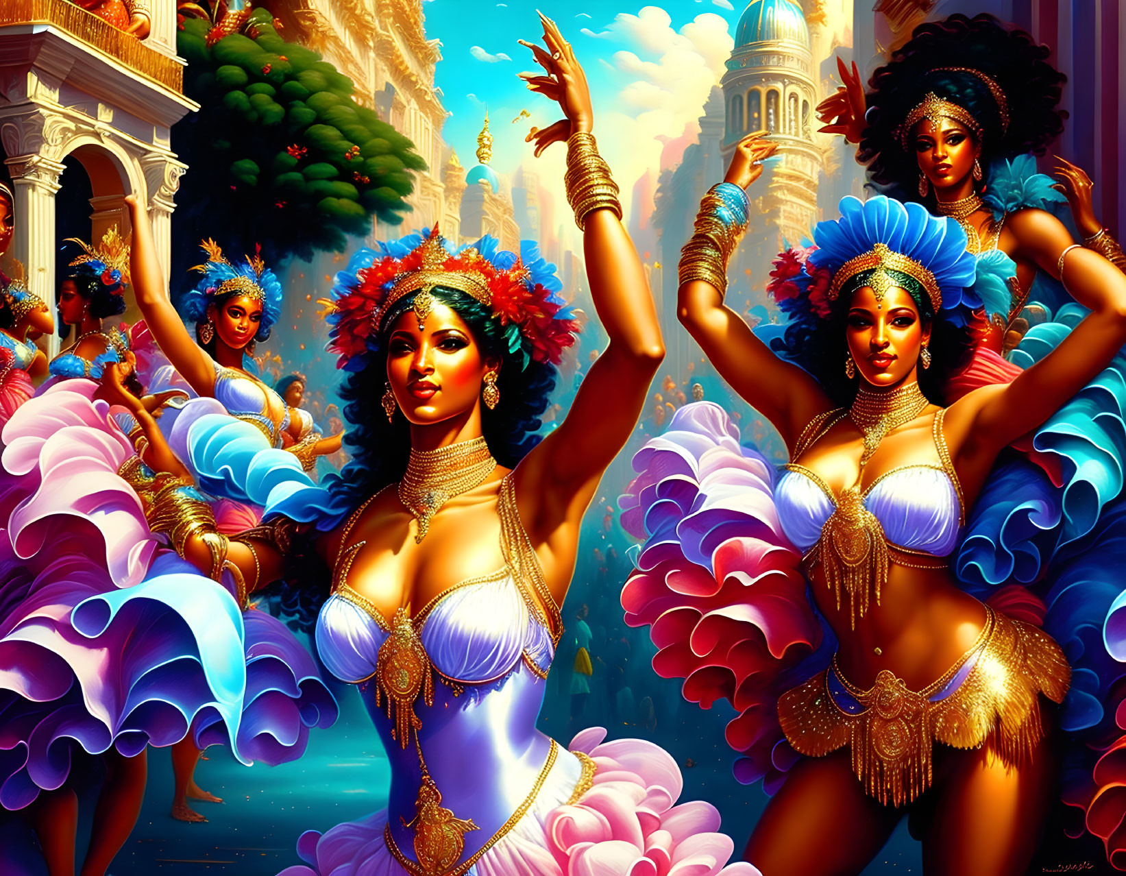 Colorful Women Dancing in Flamboyant Costumes Against Opulent Cityscape