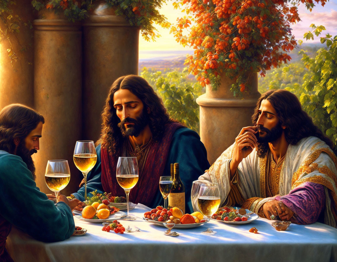 Artwork: Three individuals at a table with fruits, wine, and goblets, set against a