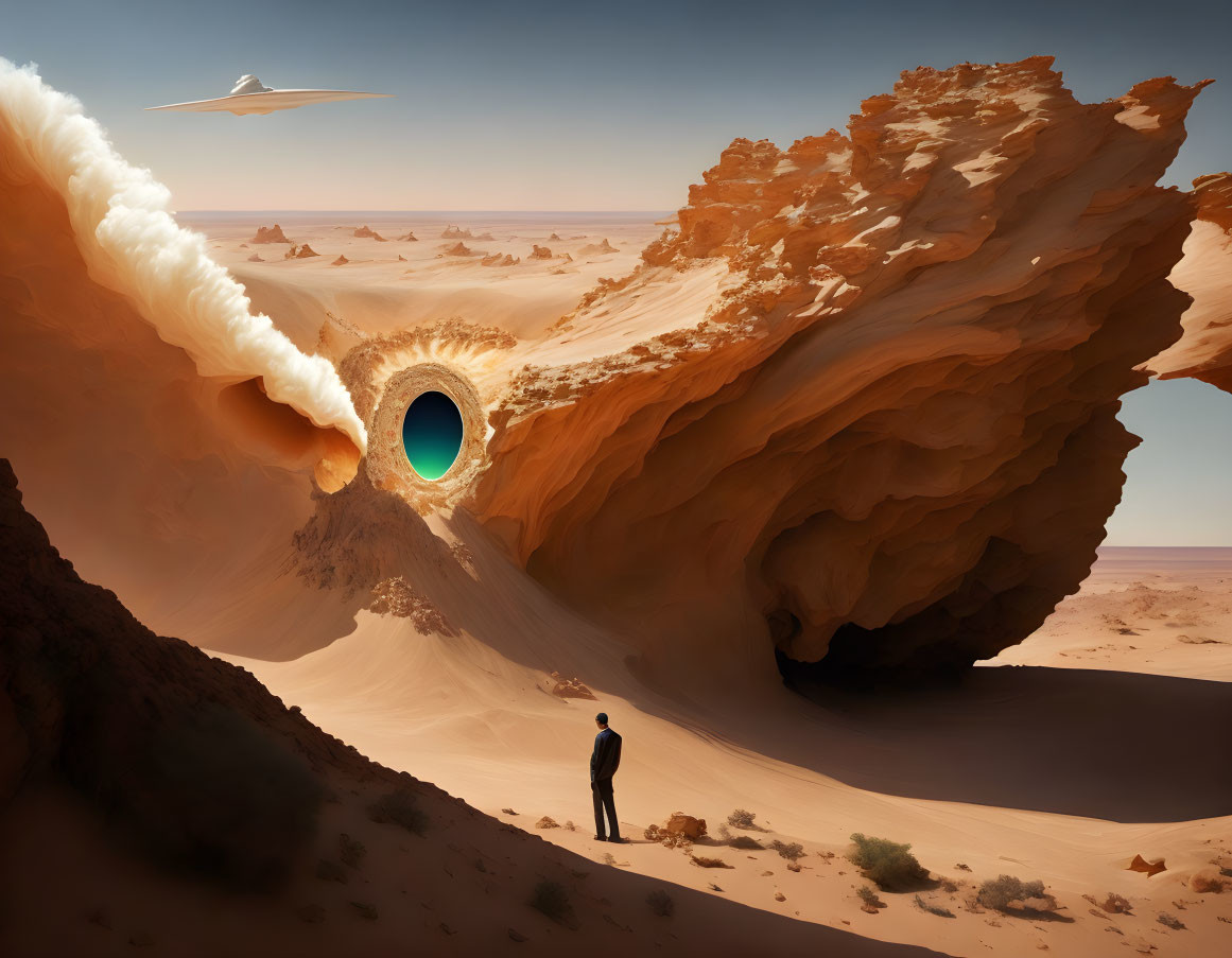 Person in desert gazes at sandstone arch with portal as spaceship flies by