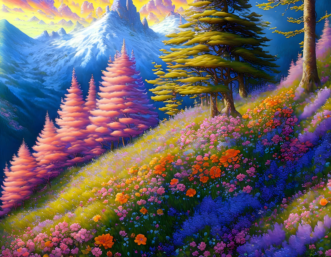 Colorful Landscape with Purple Trees, Flower Hillside, and Snow-Capped Mountains