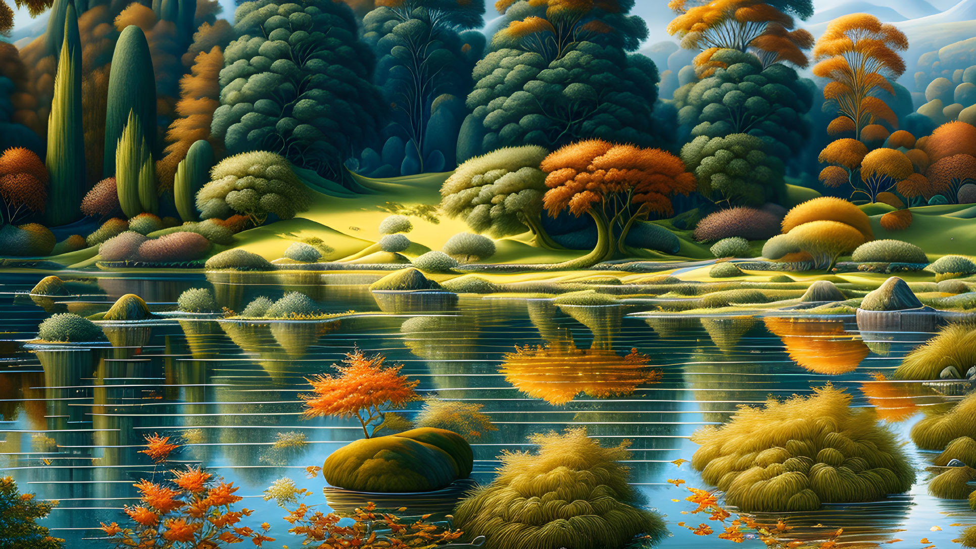 Colorful digital artwork: Fantastical autumn forest with lush trees and tranquil water.