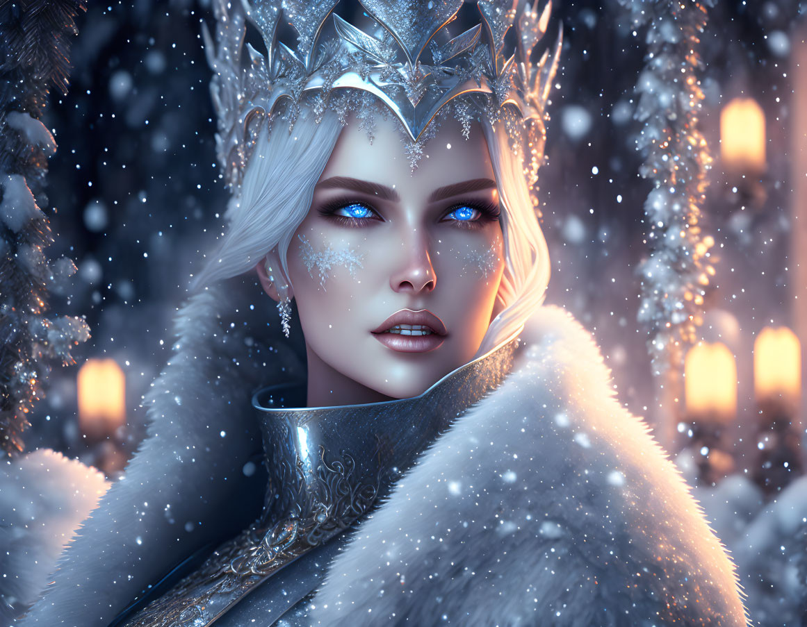 Ethereal woman with blue eyes in silver crown and fur cloak in snowy scene