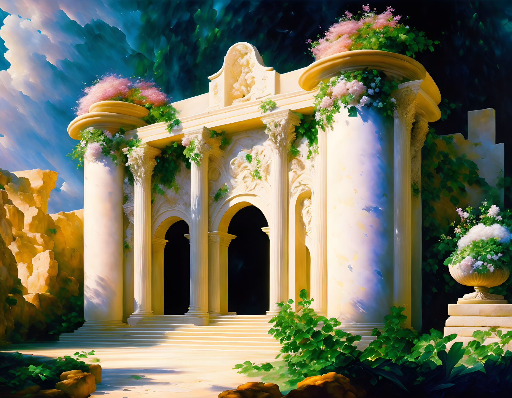 Sunlit classical pavilion with Corinthian columns and hanging gardens under deep blue sky