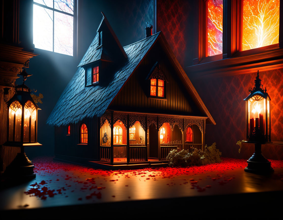 Intricately designed miniature house in moody lighting with lanterns, autumn leaves, and stained