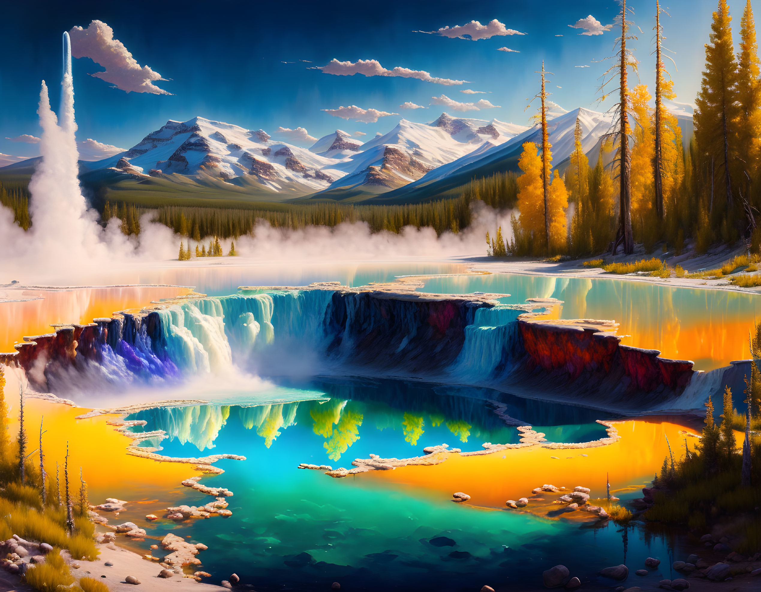 Colorful surreal landscape with steaming waterfall and mountains