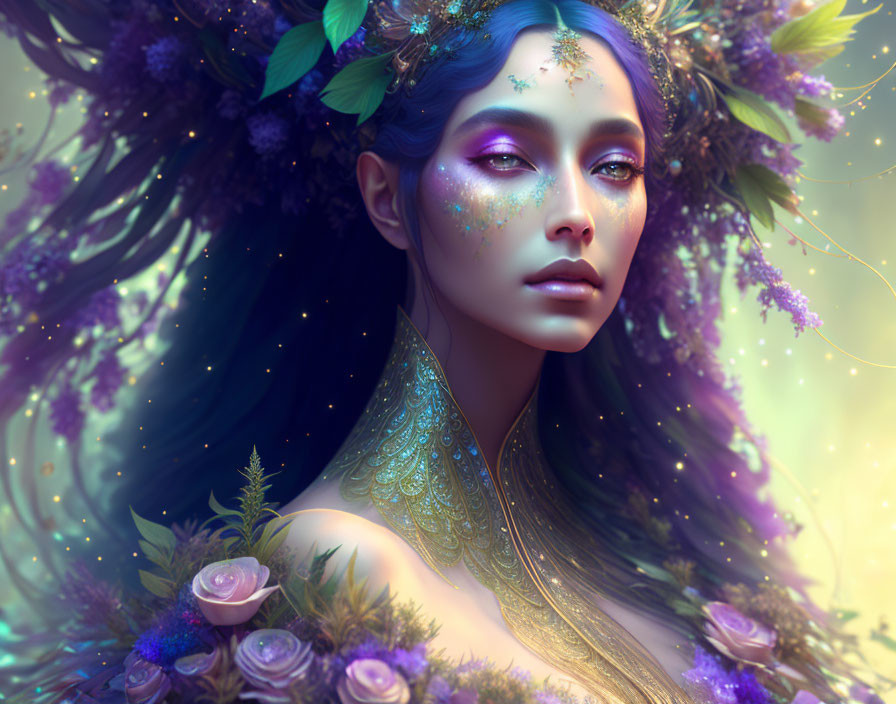 Mystical Woman with Blue Hair and Floral Headpiece in Glittery Art