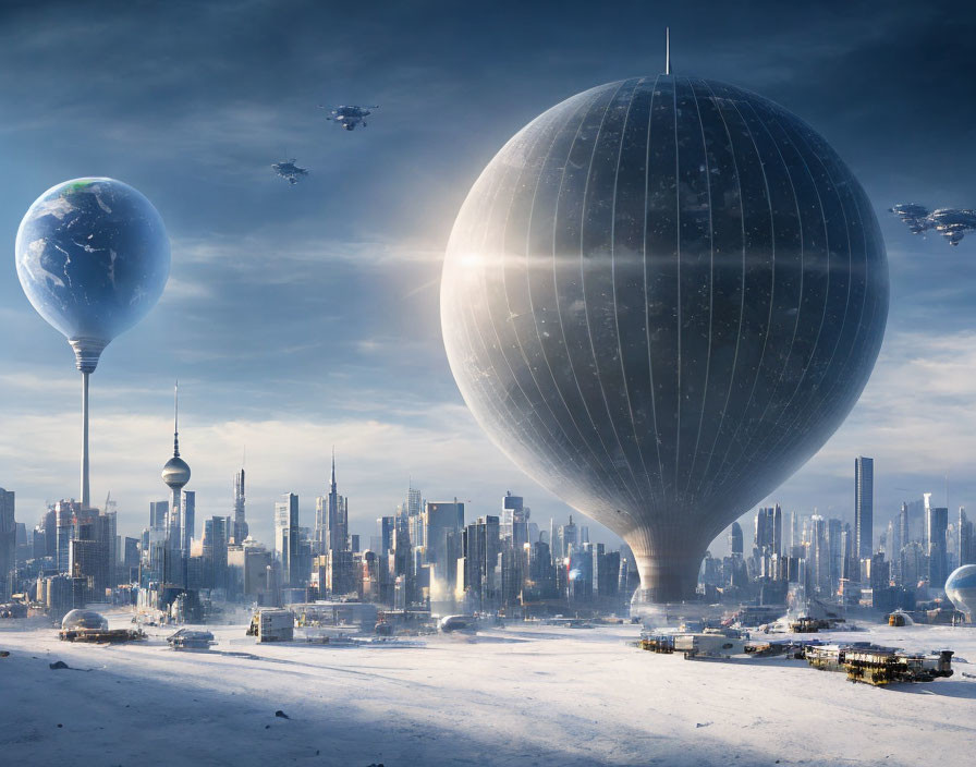 Futuristic Cityscape with Skyscrapers, Spheres, Airships, and Planet