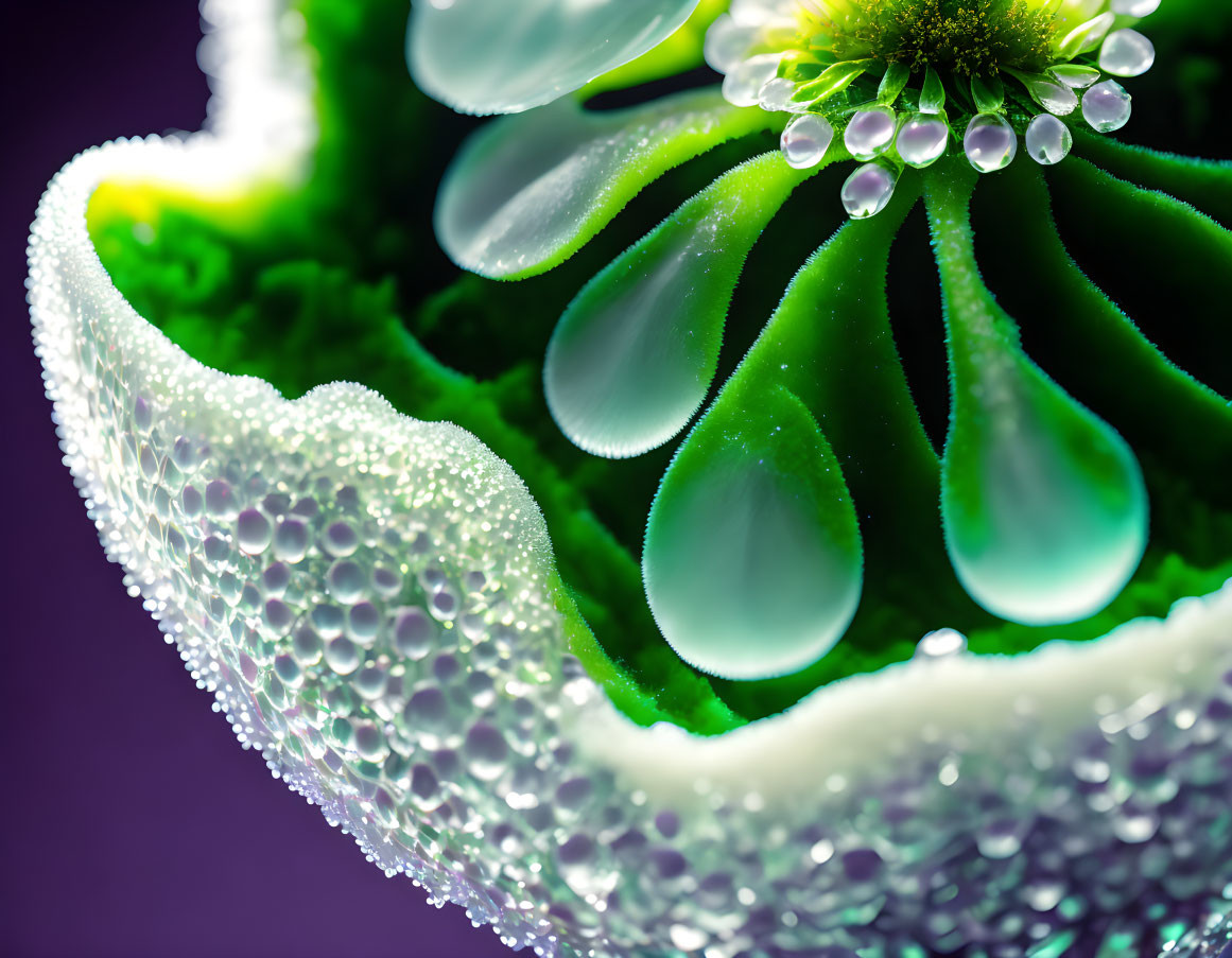 Detailed close-up of green plant with dewdrops on leaves against purple background