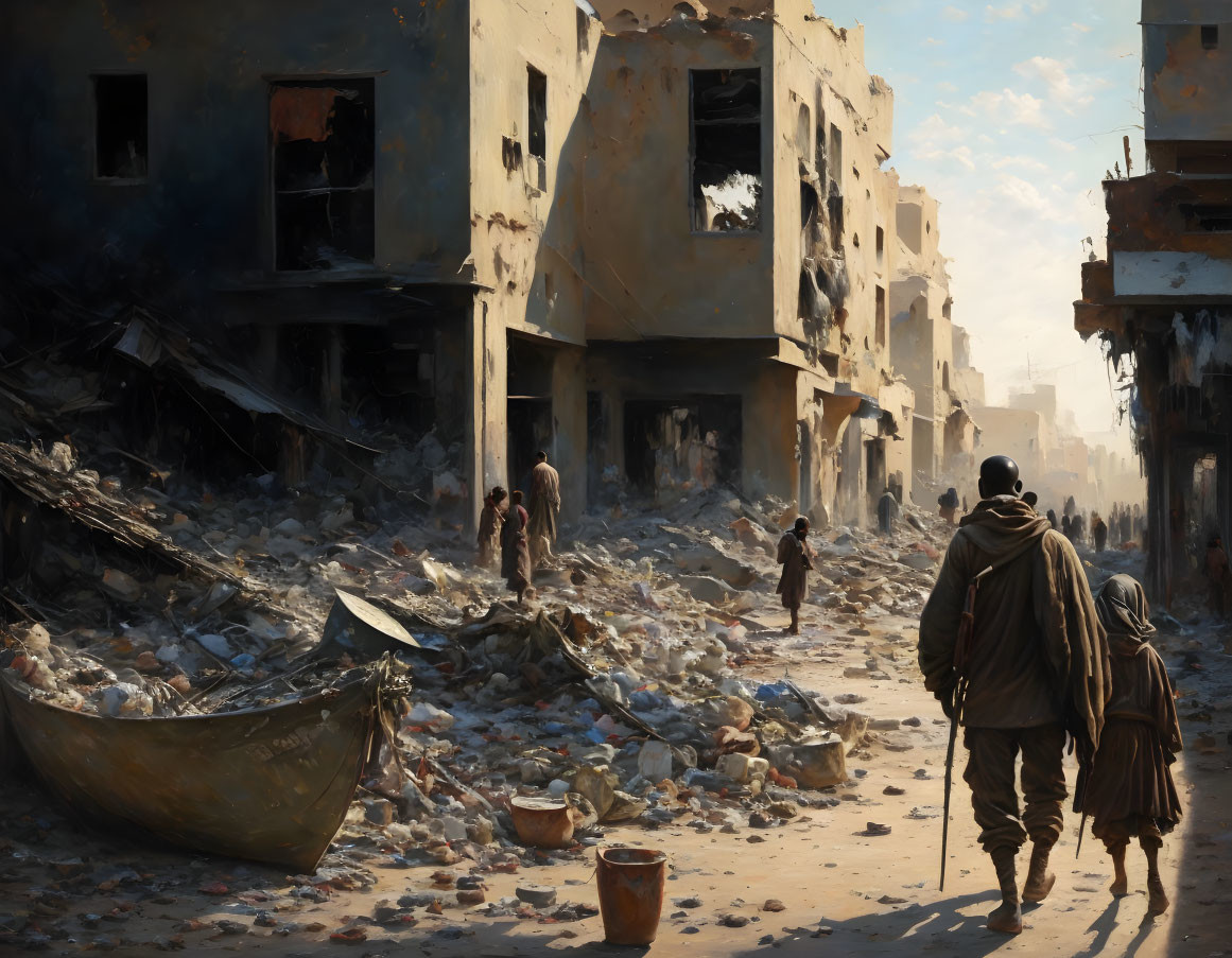 War-torn street painting: debris, damaged buildings, people in ruins