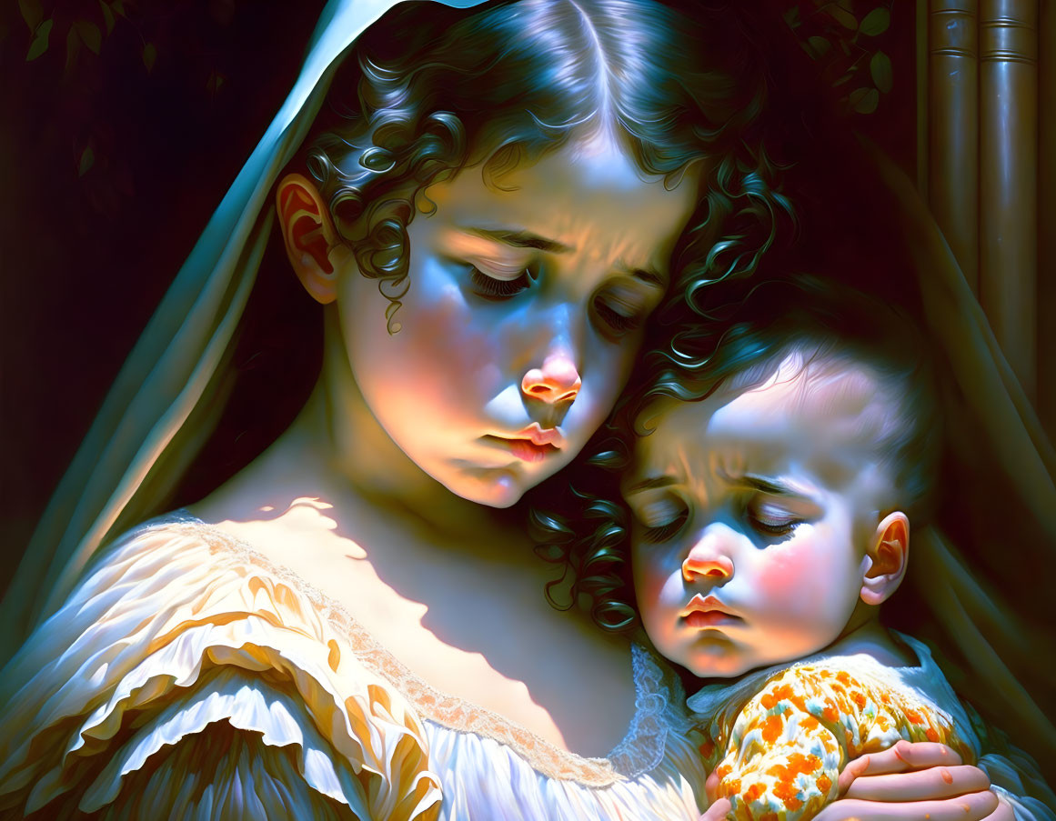 Digital painting of sorrowful young girl with sleeping baby in vintage attire illuminated by soft light