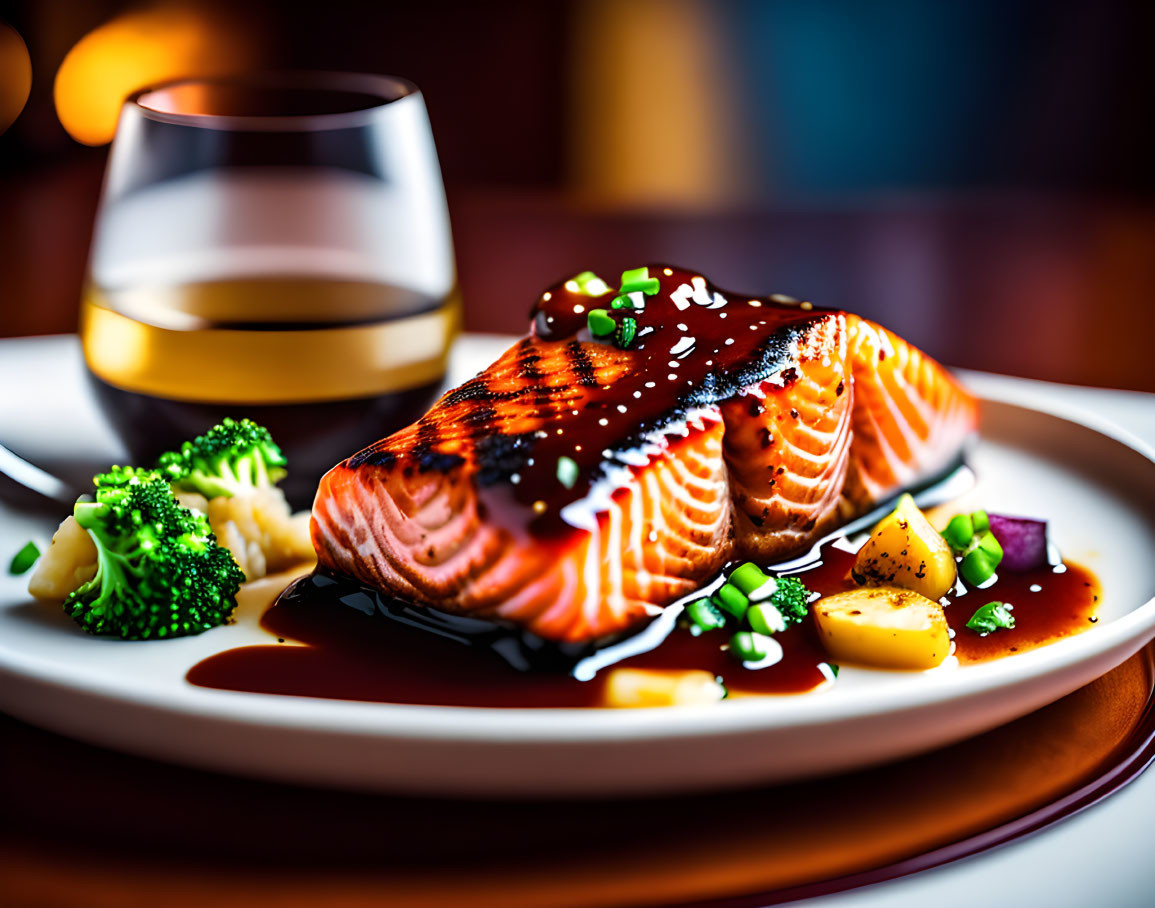 Grilled Salmon Fillet with Glaze, Broccoli, Potatoes, and White Wine