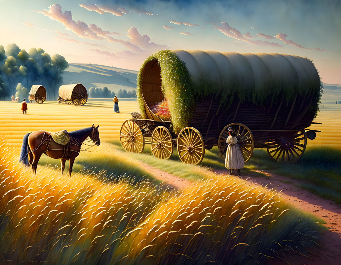 Rural landscape with covered wagons, wheat field, horse, and people in period dress