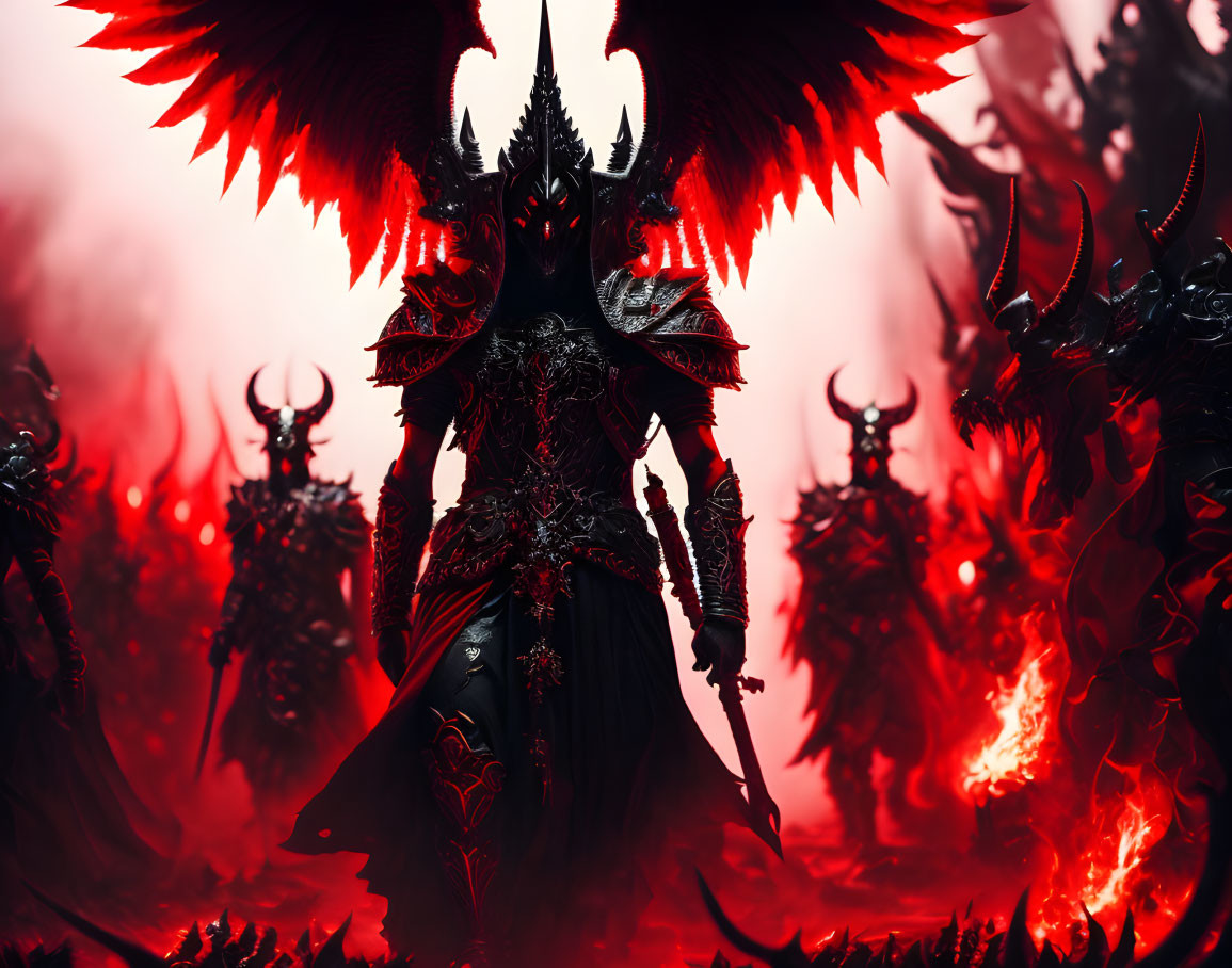 Sinister demonic figures with fiery wings and horns in red glow