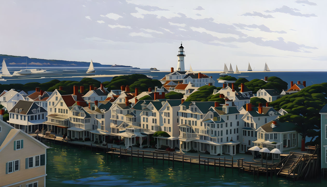 Scenic coastal town with white houses, lighthouse, and sailboats