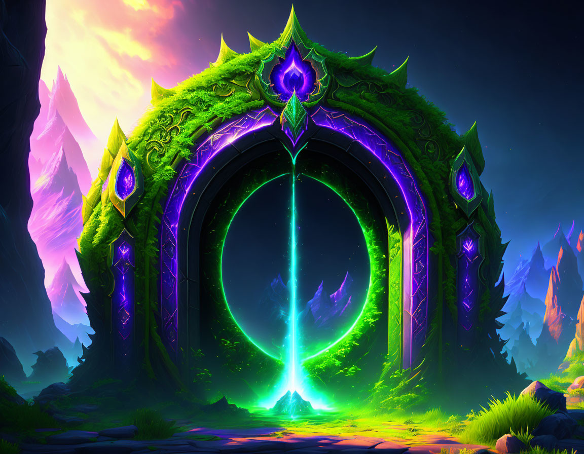 Fantasy portal with glowing runes in mystical landscape