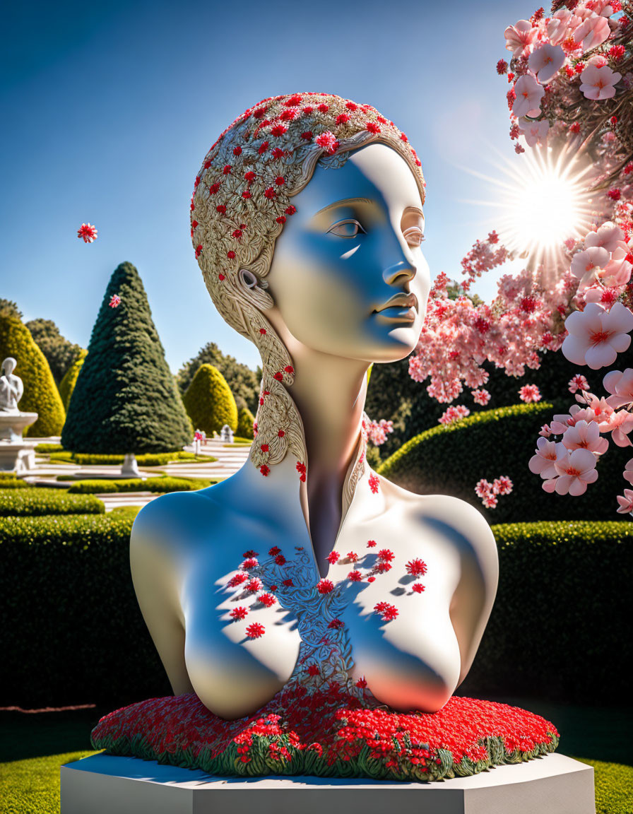 Surreal blue-tinted bust sculpture of a woman with red floral patterns in vibrant garden setting