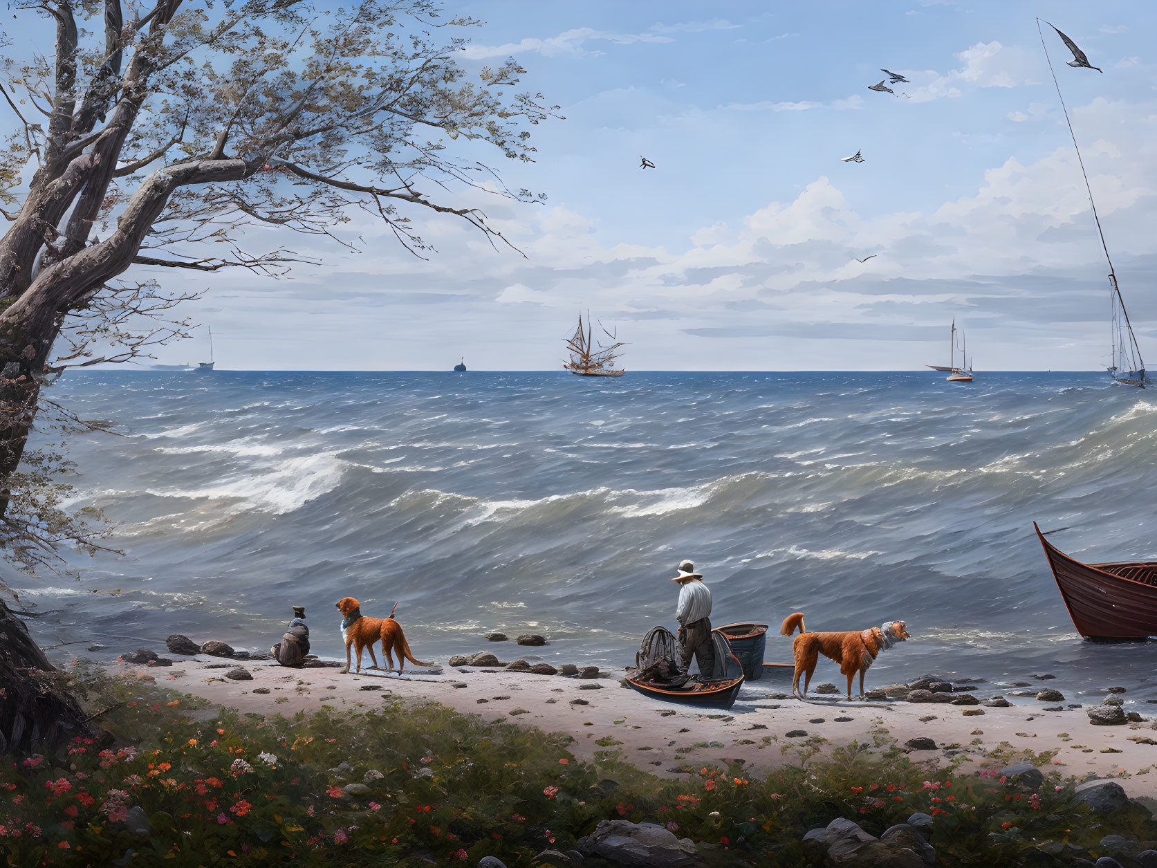 Tranquil beach scene with people, dogs, boat, sea, sailboats, cloudy sky,