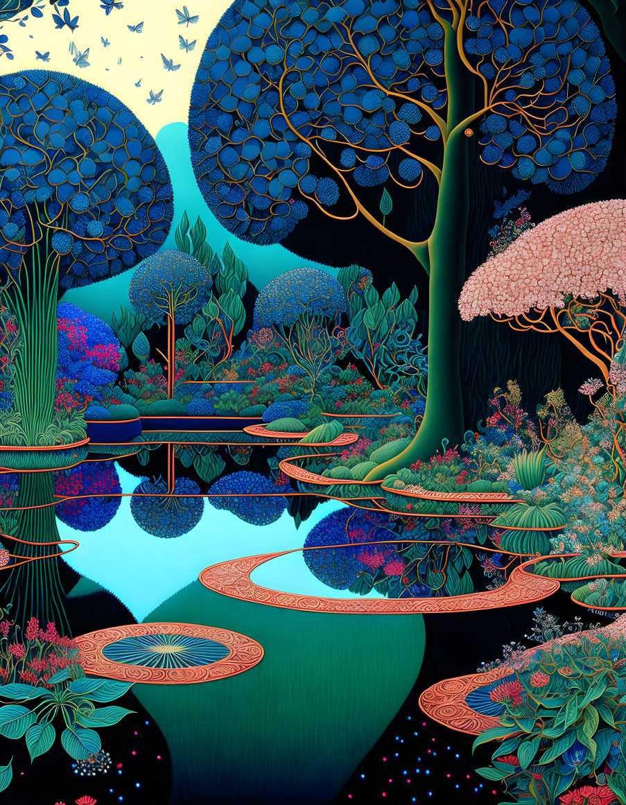 Colorful digital artwork of a nocturnal forest with luminous elements