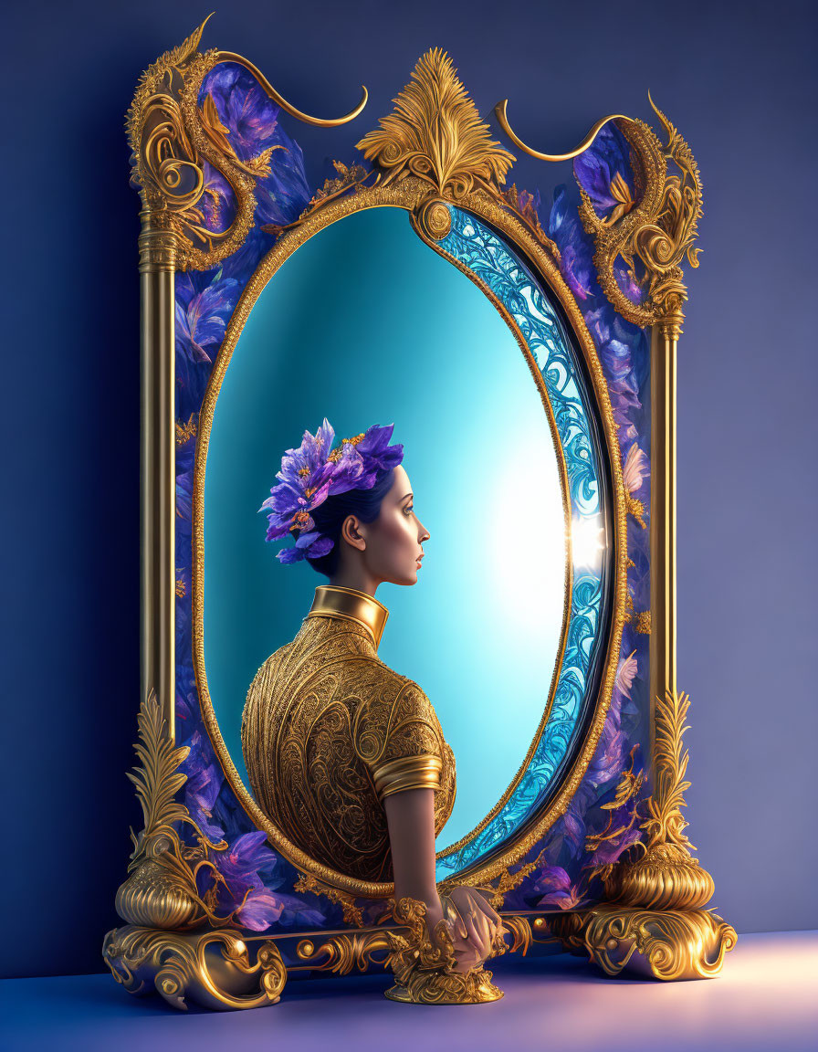 Woman with Floral Headdress Reflected in Gold-Framed Mirror