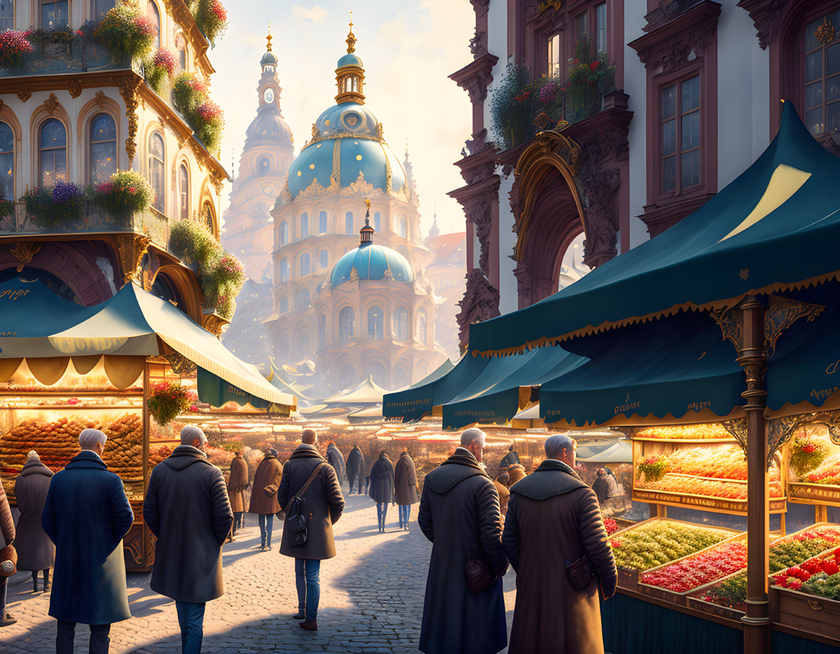 European Market Scene with People Shopping and Ornate Buildings