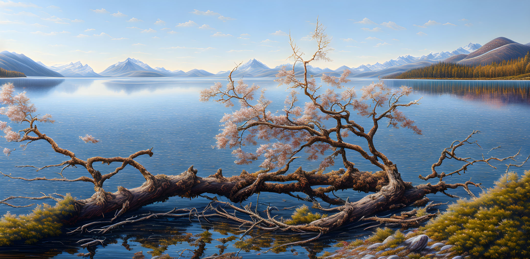 Tranquil landscape: blossoming tree by lake, mountains, clear sky