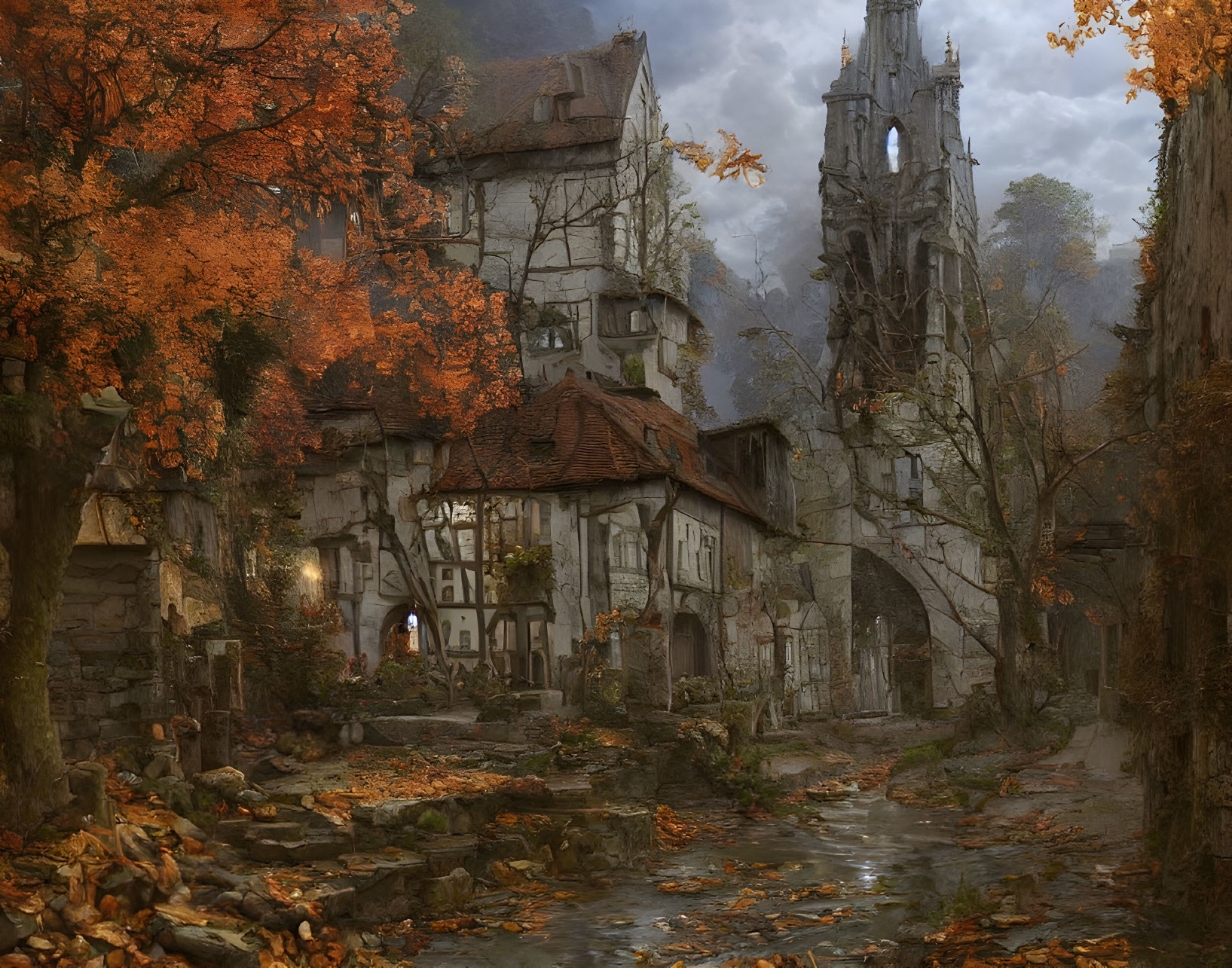 Rustic houses, meandering creek, and dilapidated church in autumnal scene