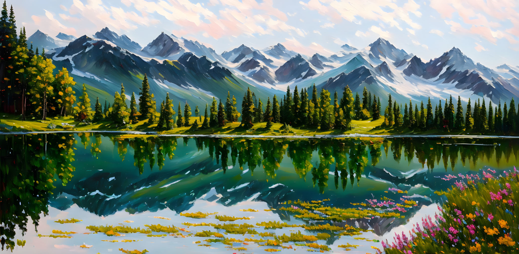 Serene mountain landscape with reflective lake and wildflowers