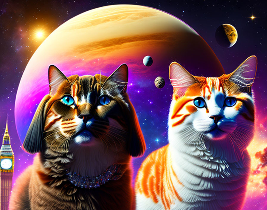 Vibrant space-themed fur patterns on two cats with celestial backdrop