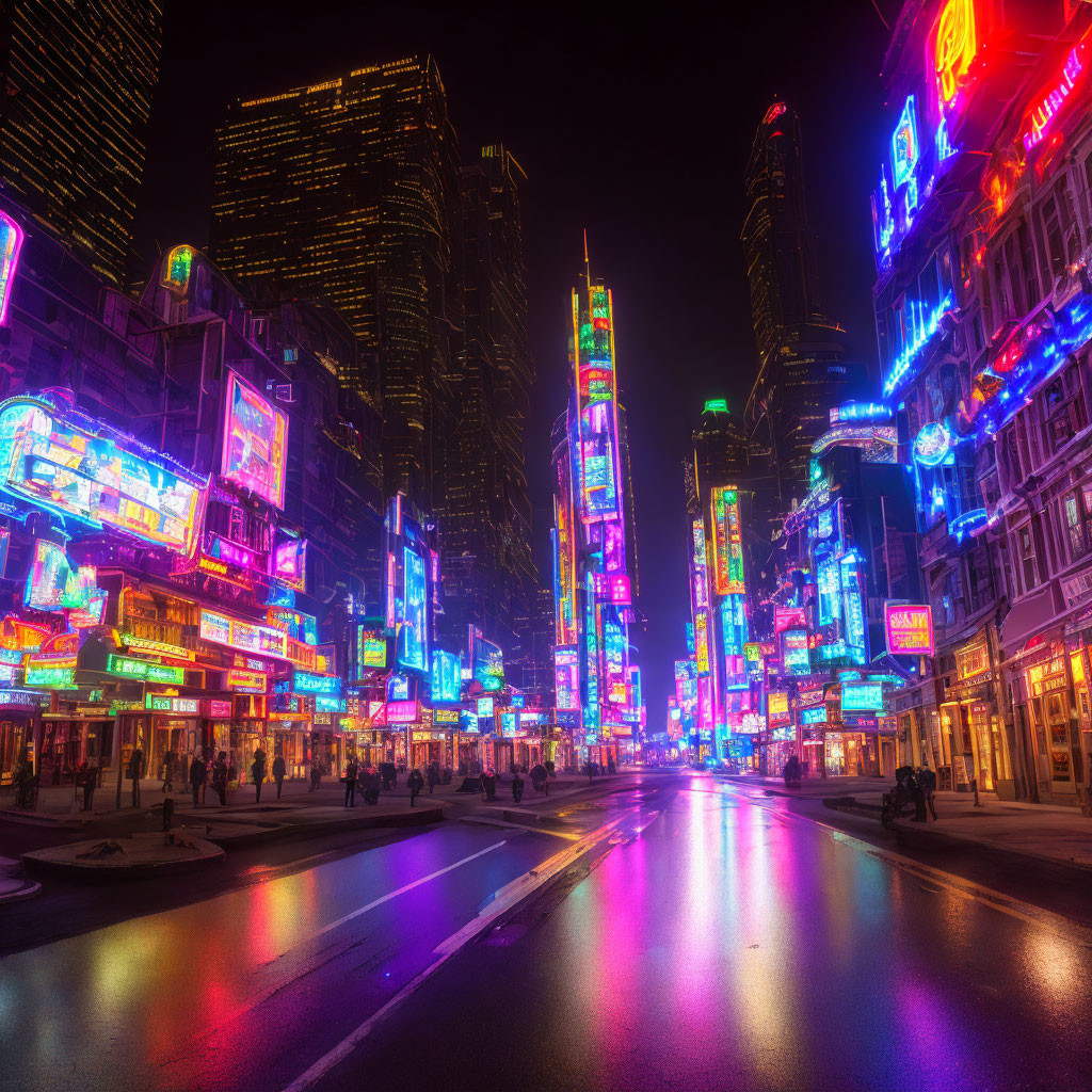 Night city street with neon signs and skyscrapers reflected on wet road