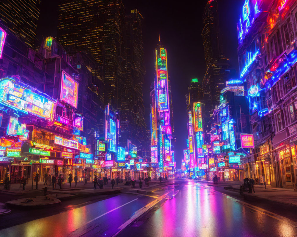 Night city street with neon signs and skyscrapers reflected on wet road