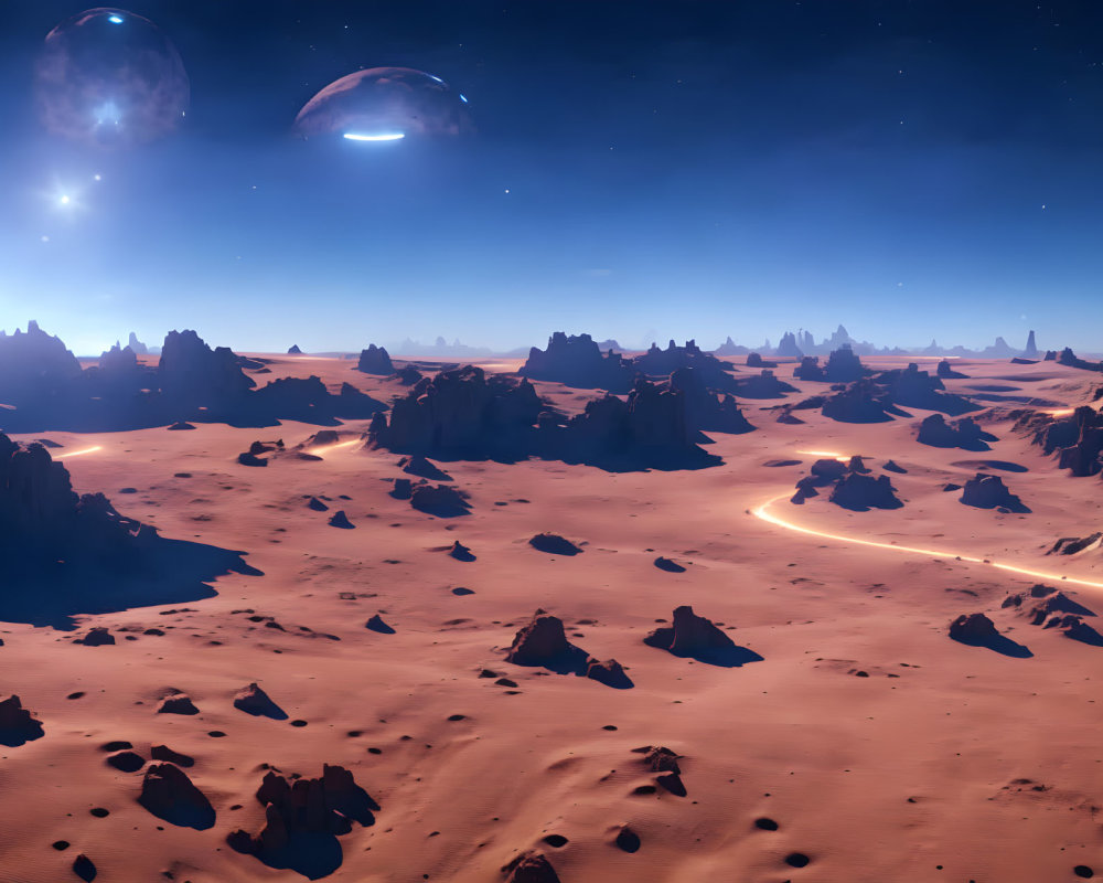 Sci-fi desert landscape: rocky formations, glowing path, celestial bodies