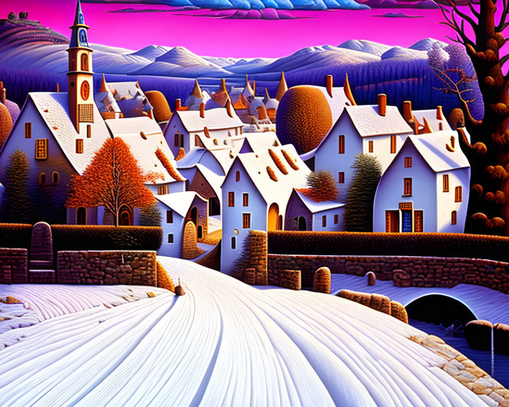 Colorful snowy village illustration with church and purple hills