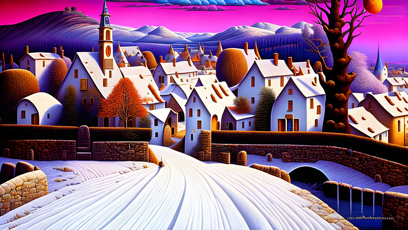 Colorful snowy village illustration with church and purple hills