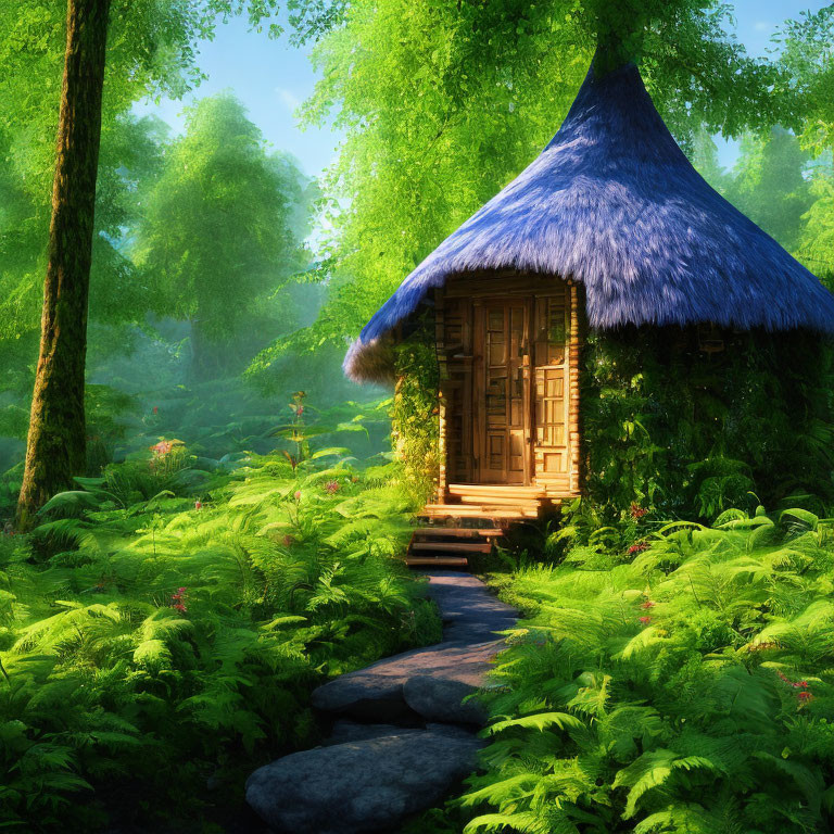 Serene forest glade with wooden hut, stone path, and lush green ferns