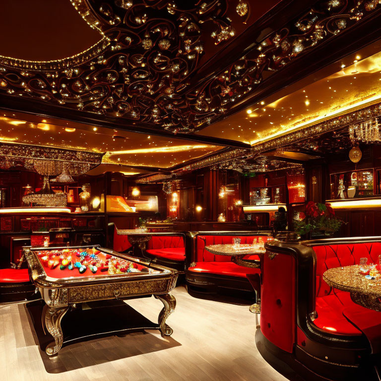 Luxurious Billiard Room with Red Upholstered Seating and Ornate Black & Gold Ceiling