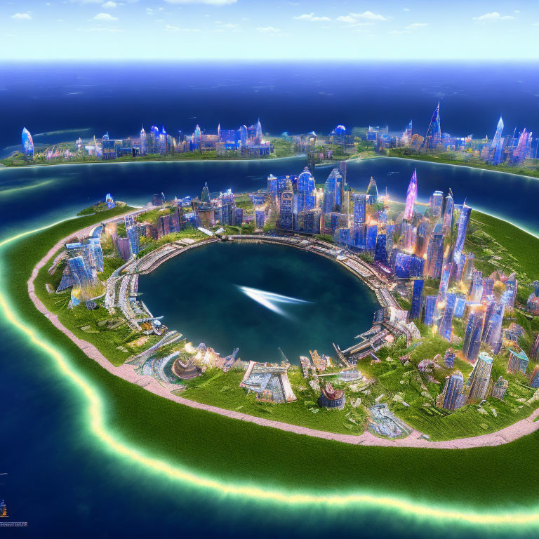 Futuristic cityscape with skyscrapers, greenery, water bodies, and blue skies