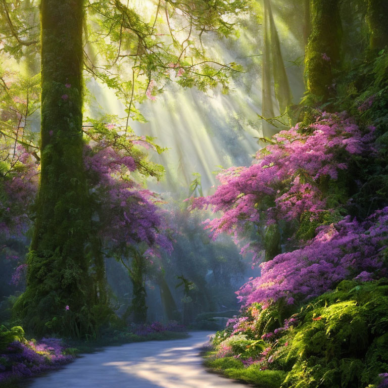 Sunlit Path Through Vibrant Forest with Pink Flowering Shrubs