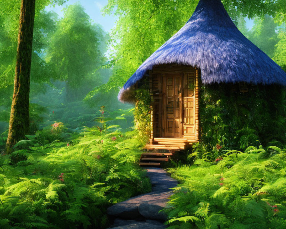 Serene forest glade with wooden hut, stone path, and lush green ferns